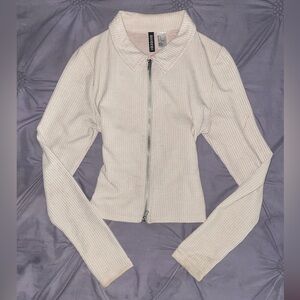 H&M Beige Ribbed Zip Up Collared Top M
